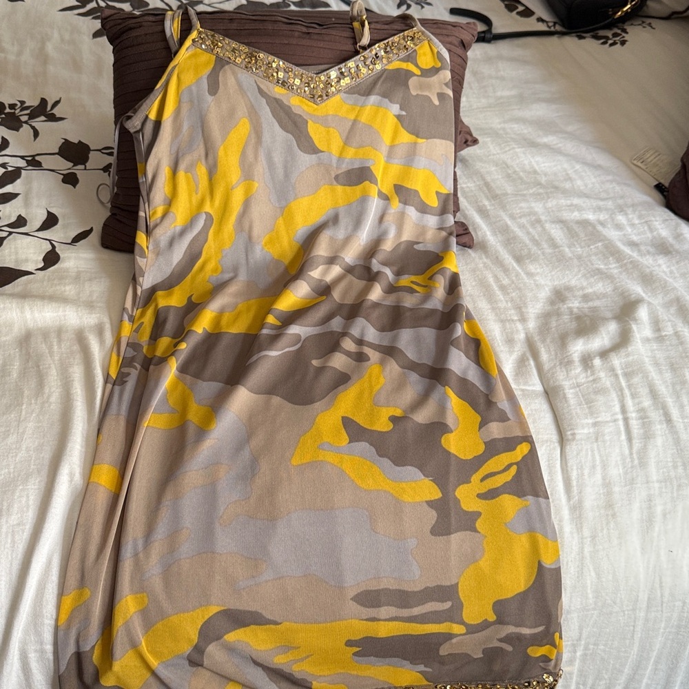 INC International Concepts Yellow and Brown Camo Mini Dress